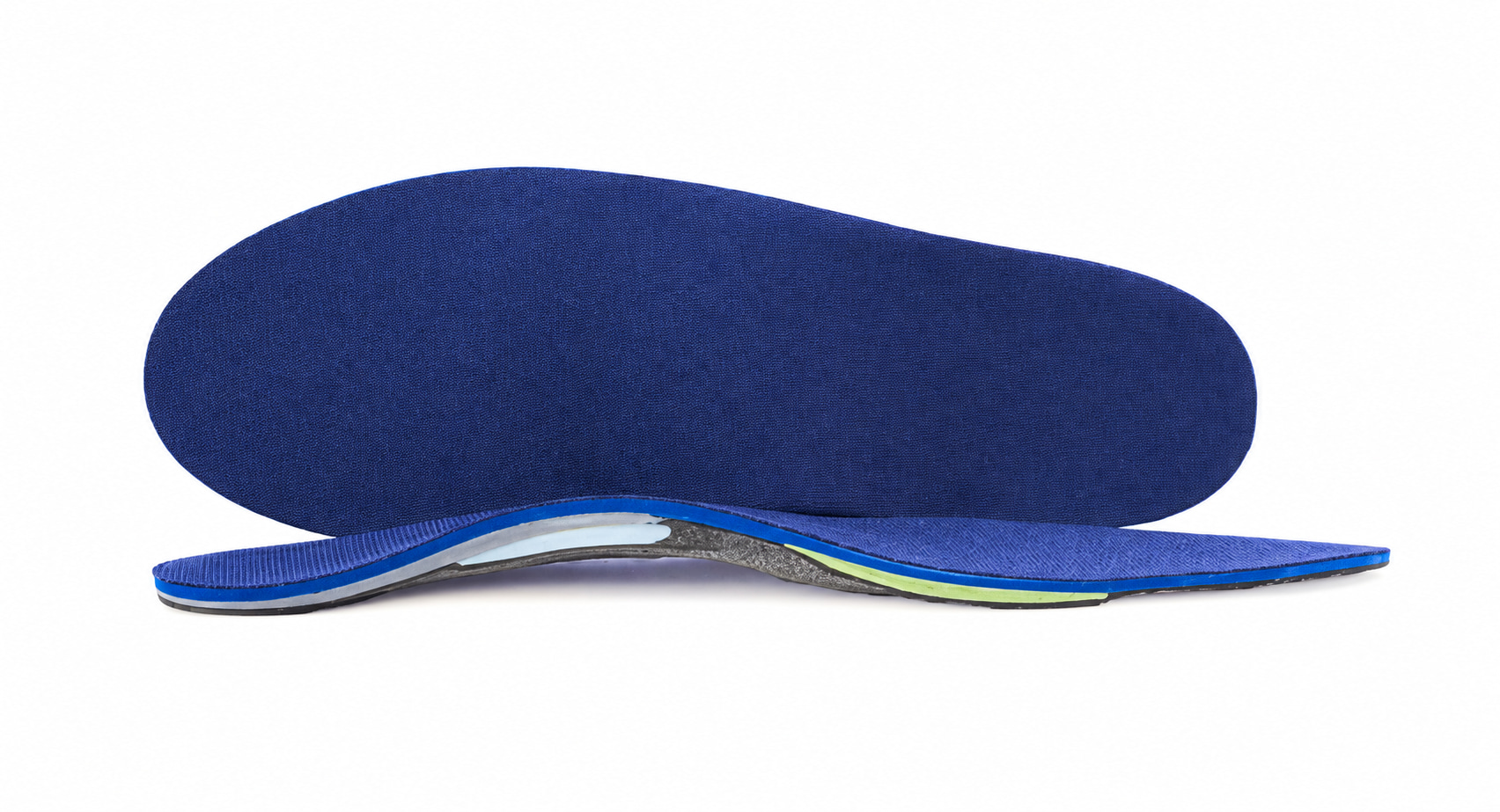 Atlas blue custom orthotics, showing the top cover and contoured side profile.