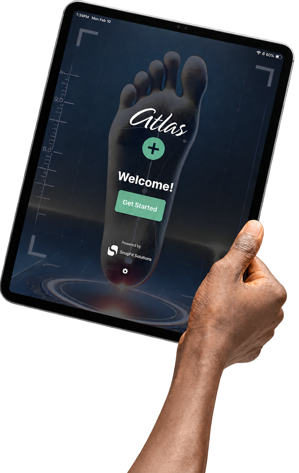 Atlas scanning app displayed on a tablet held in one hand.